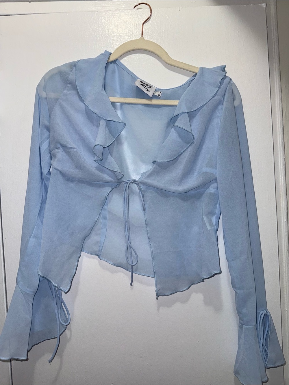 Princess Polly Light Blue Sheer Ruffle Tie-Front Blouse